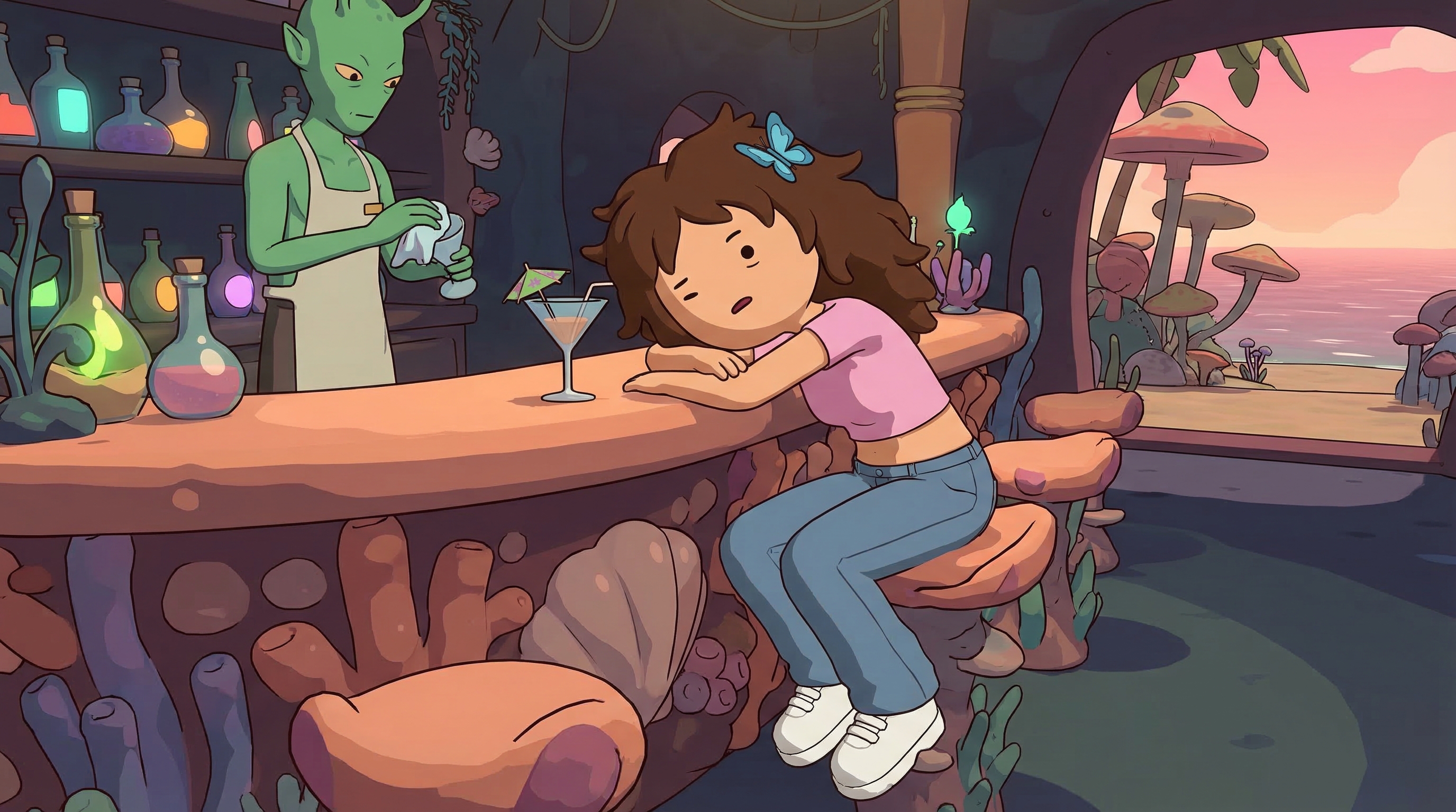 Billie face-down at the resort bar on an alien planet