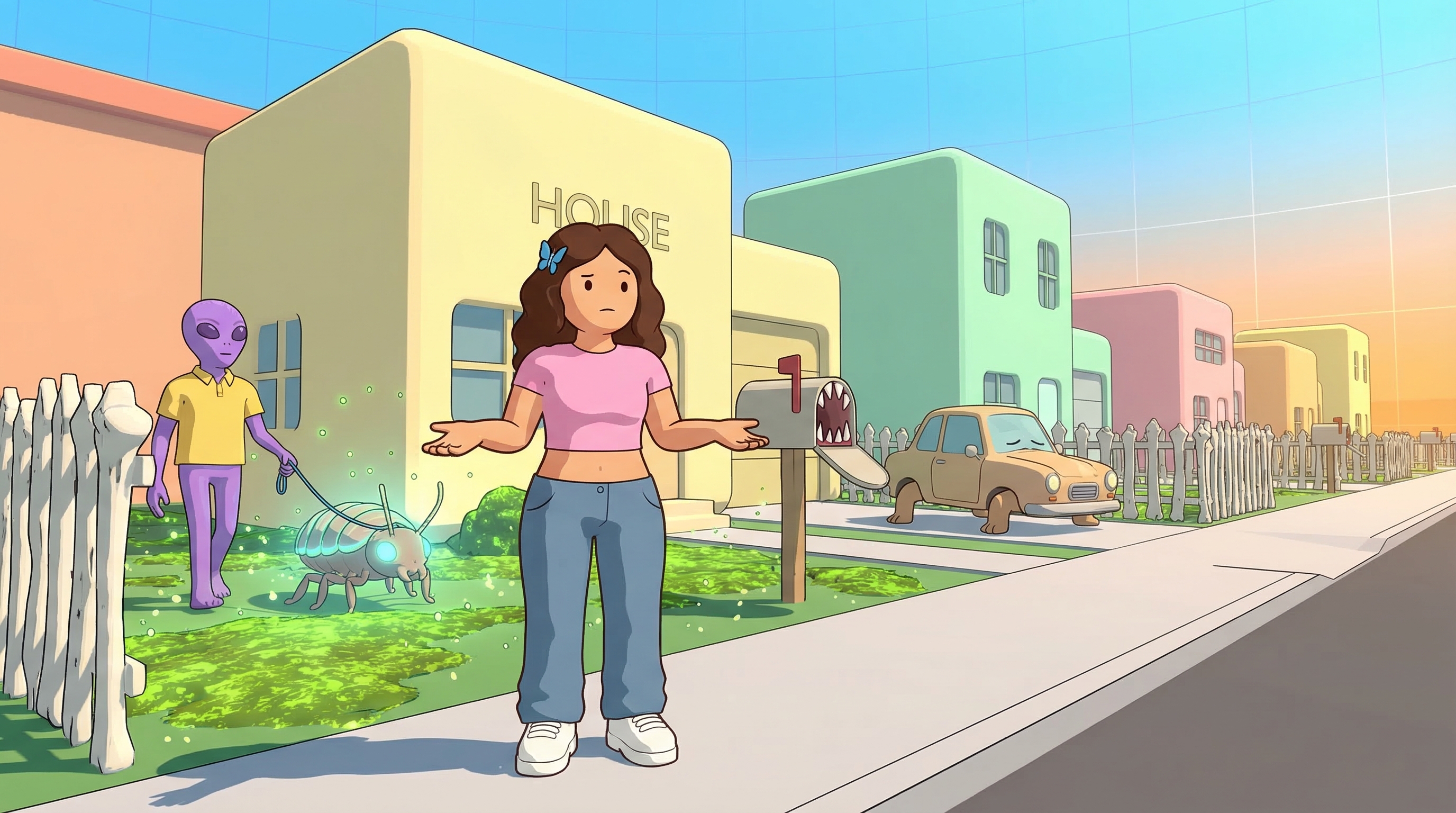 An alien suburb street. The houses are geometrically wrong. The sky flickers.