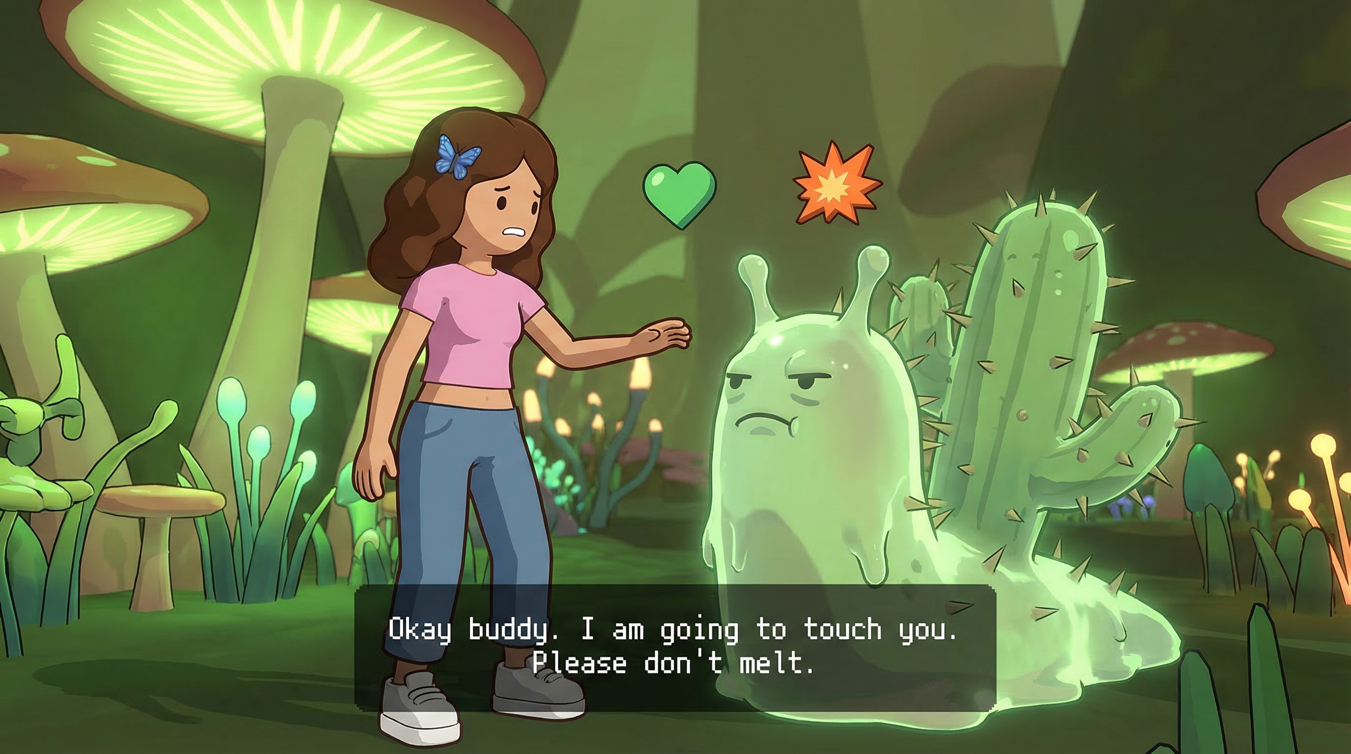 Billie deciding whether to pet or punt an alien creature