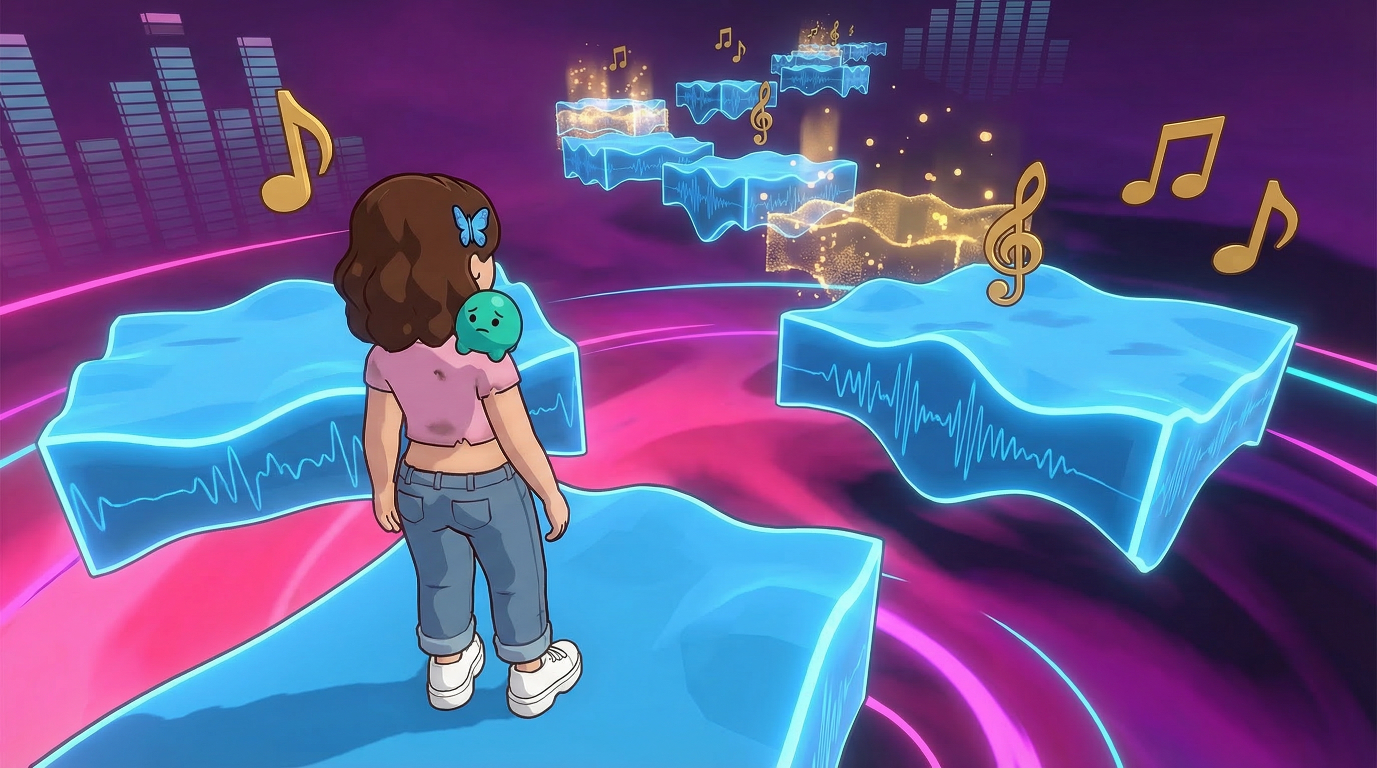 Billie on platforms made of solidified sound waves