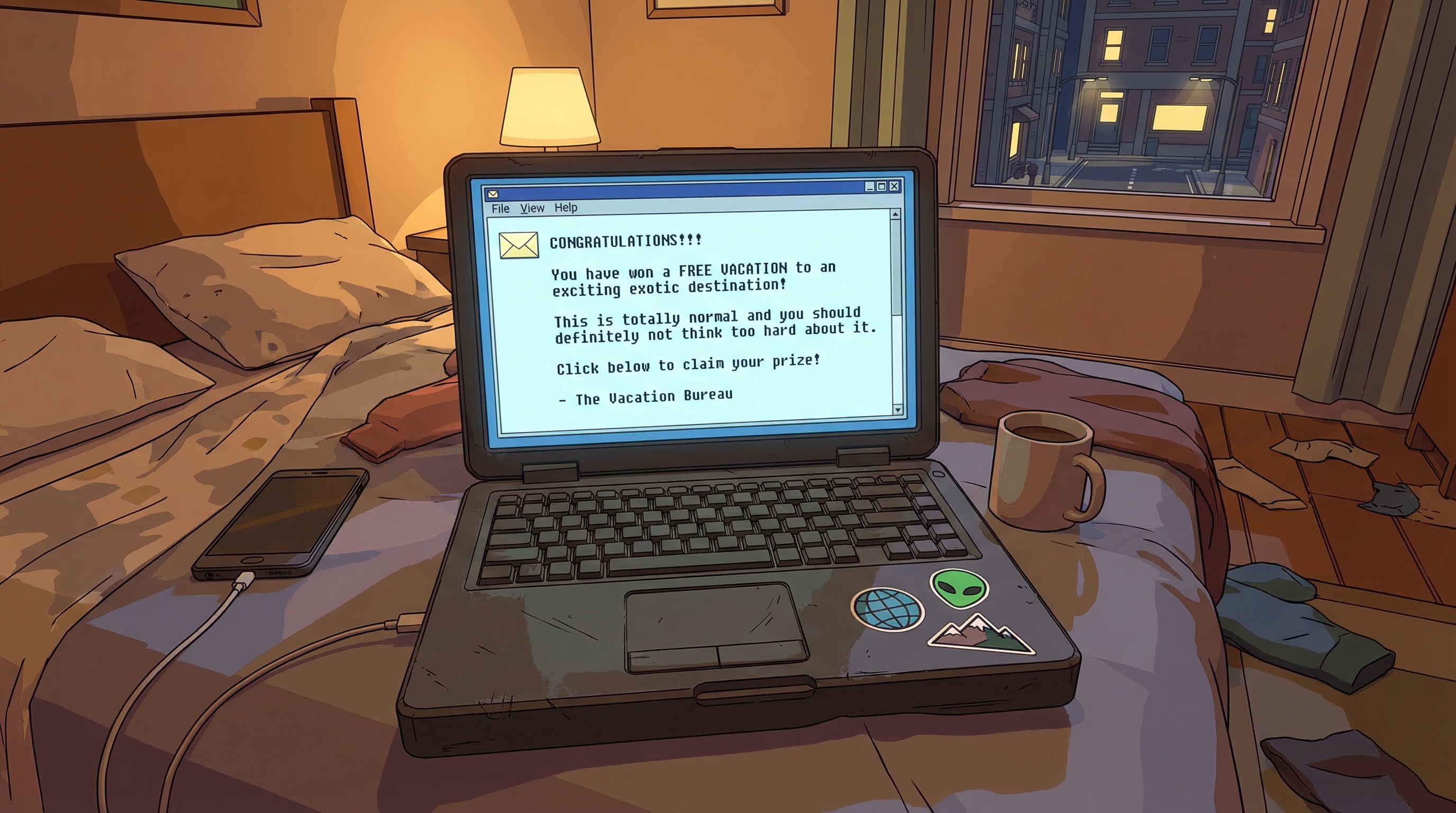 A laptop showing a suspicious free vacation email notification