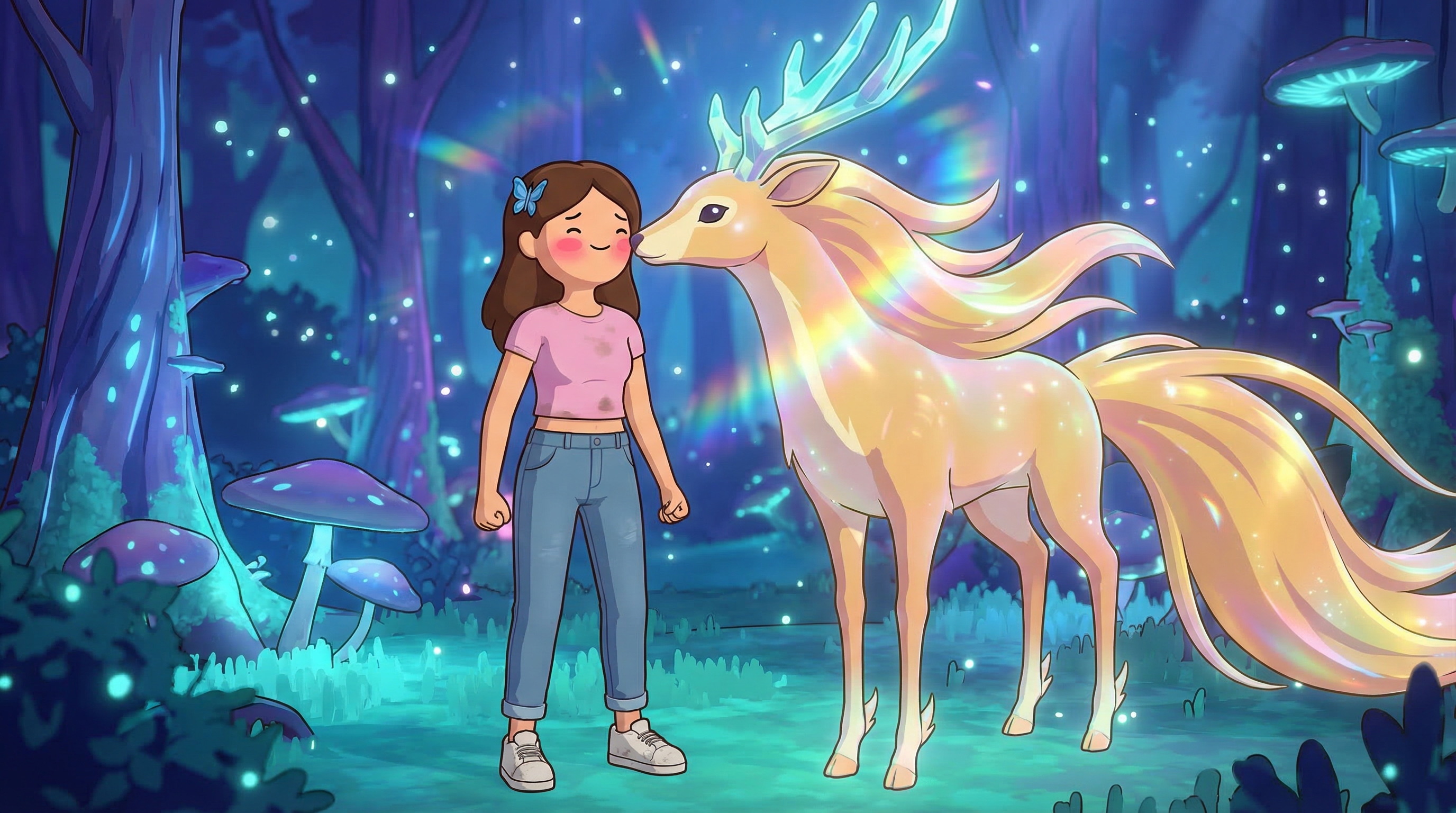 A beautiful alien creature nuzzling Billie's face in a bioluminescent forest